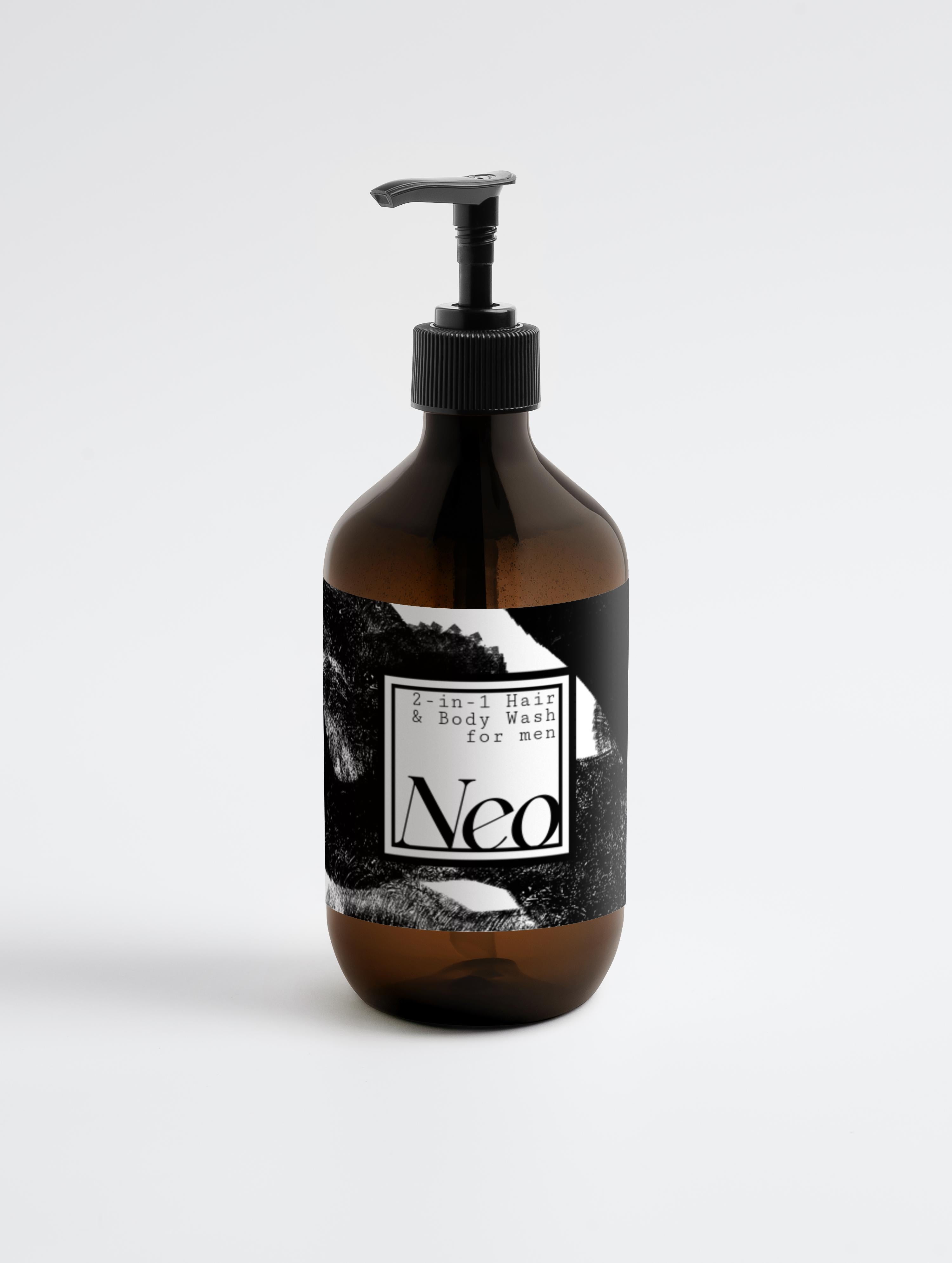 Brown bottle with black pump and label on a white background