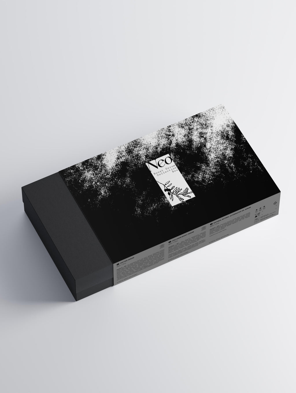 Black rectangular box with white text and design on a light gray background