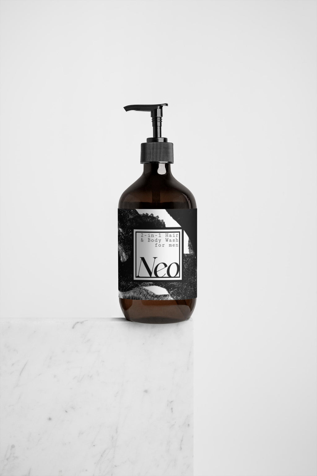 Brown bottle with pump and 'Neo' label on a light gray background