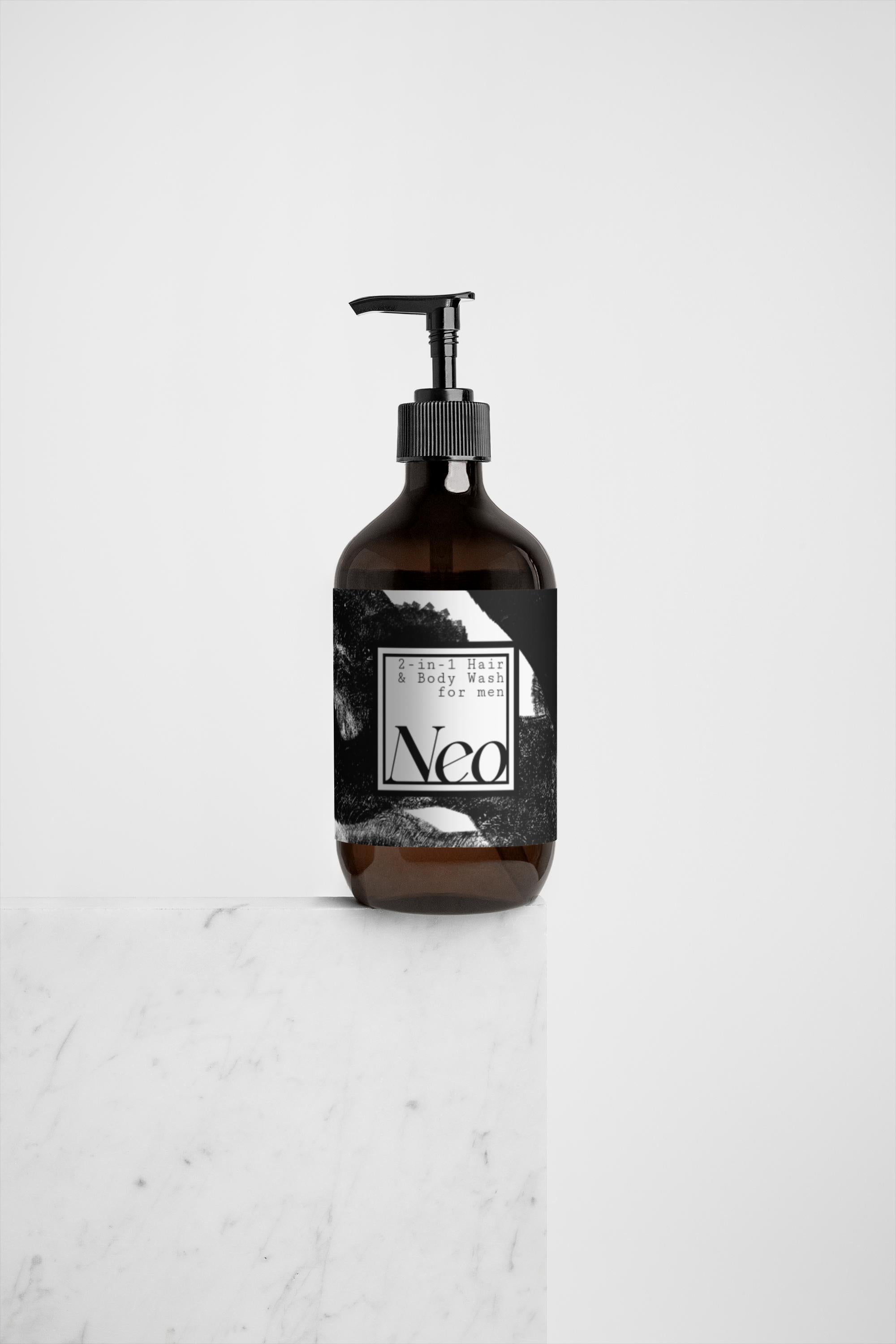 Brown bottle with pump and 'Neo' label on a light gray background