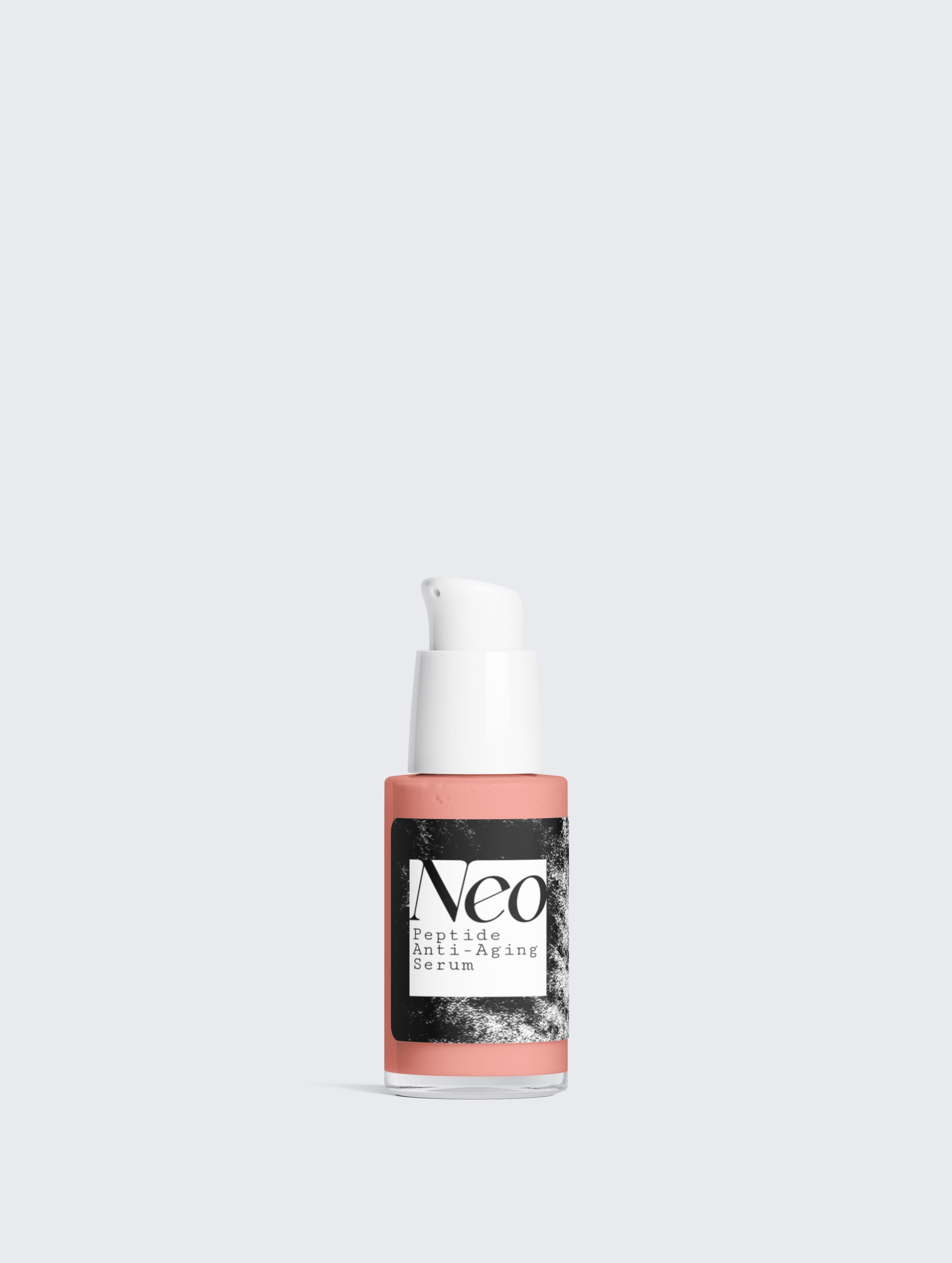 Skincare serum bottle labeled 'Neo' on a light gray background
