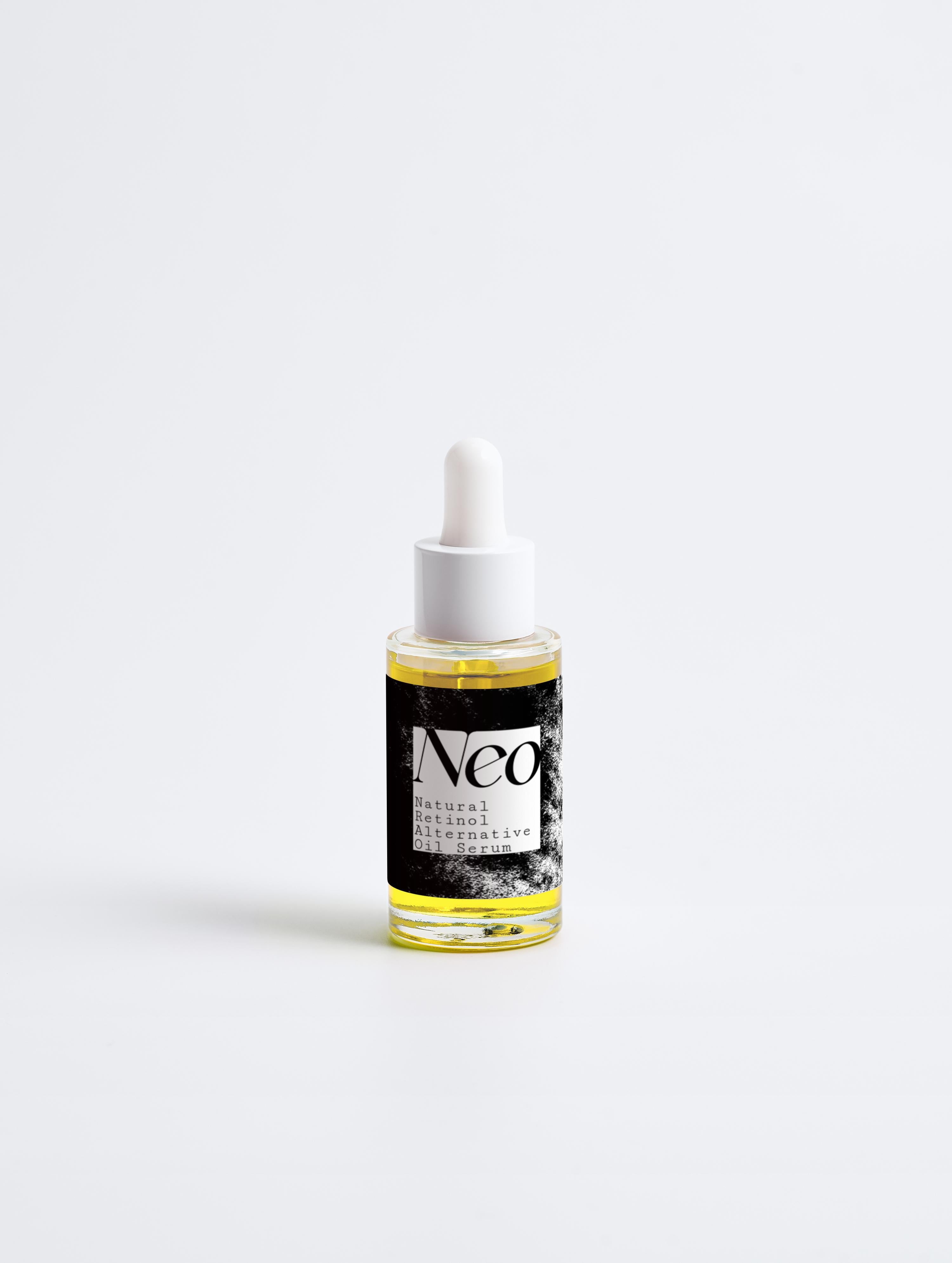 Bottle of Neo skincare serum on a white background