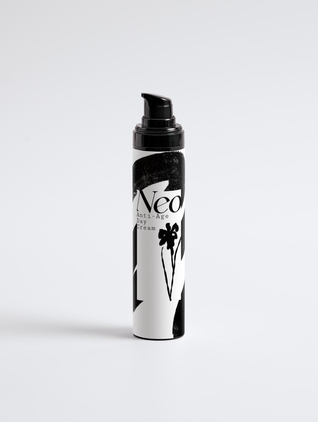 Skincare bottle labeled 'Neo' on a light gray background