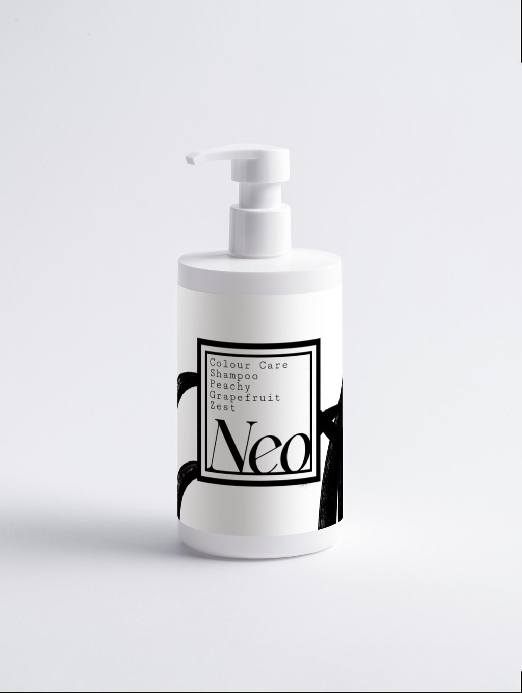 White shampoo bottle with a label on a light gray background