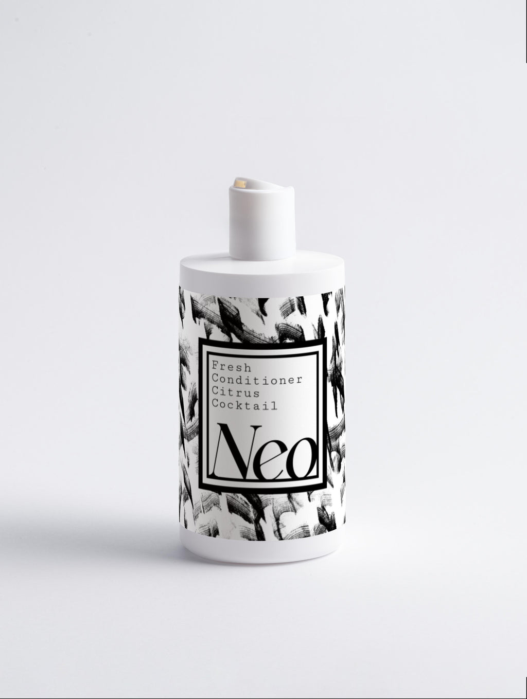 White bottle with black and white patterned label on a light gray background