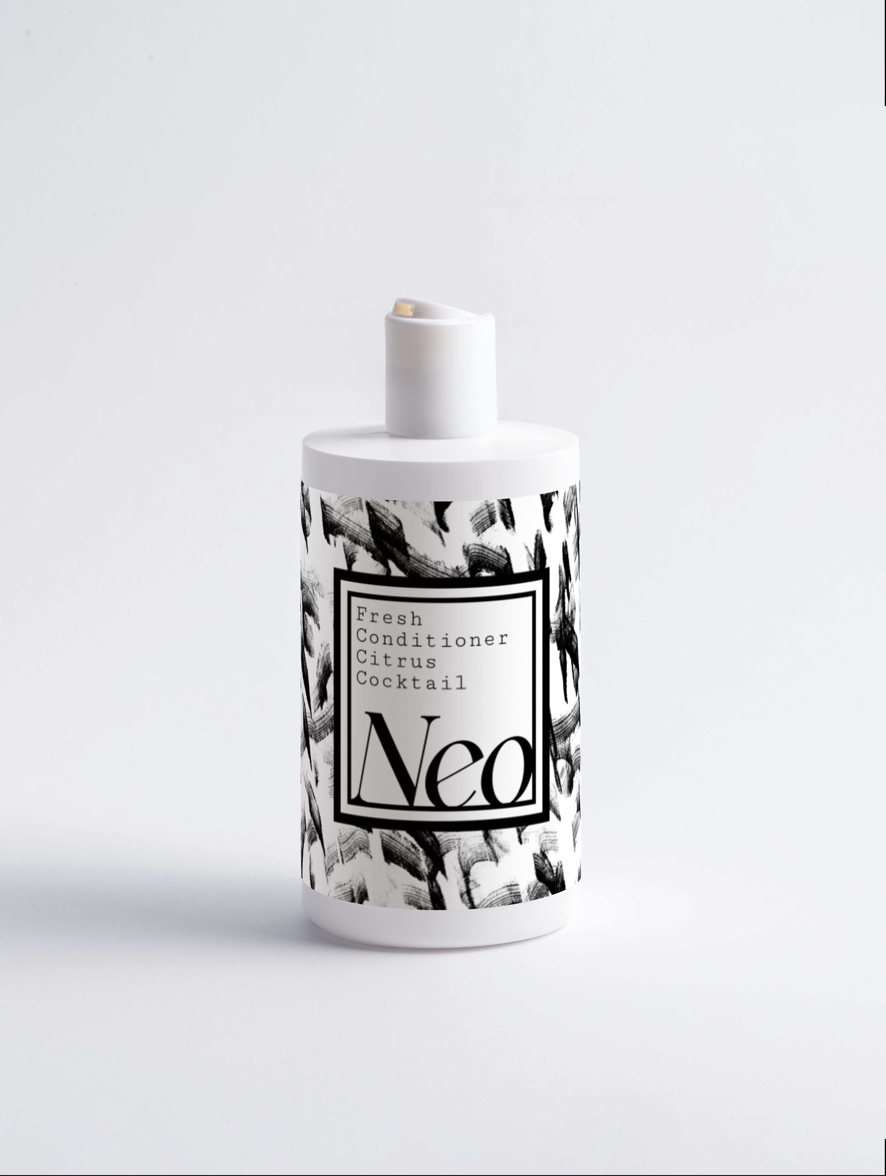 White bottle with black and white patterned label on a light gray background