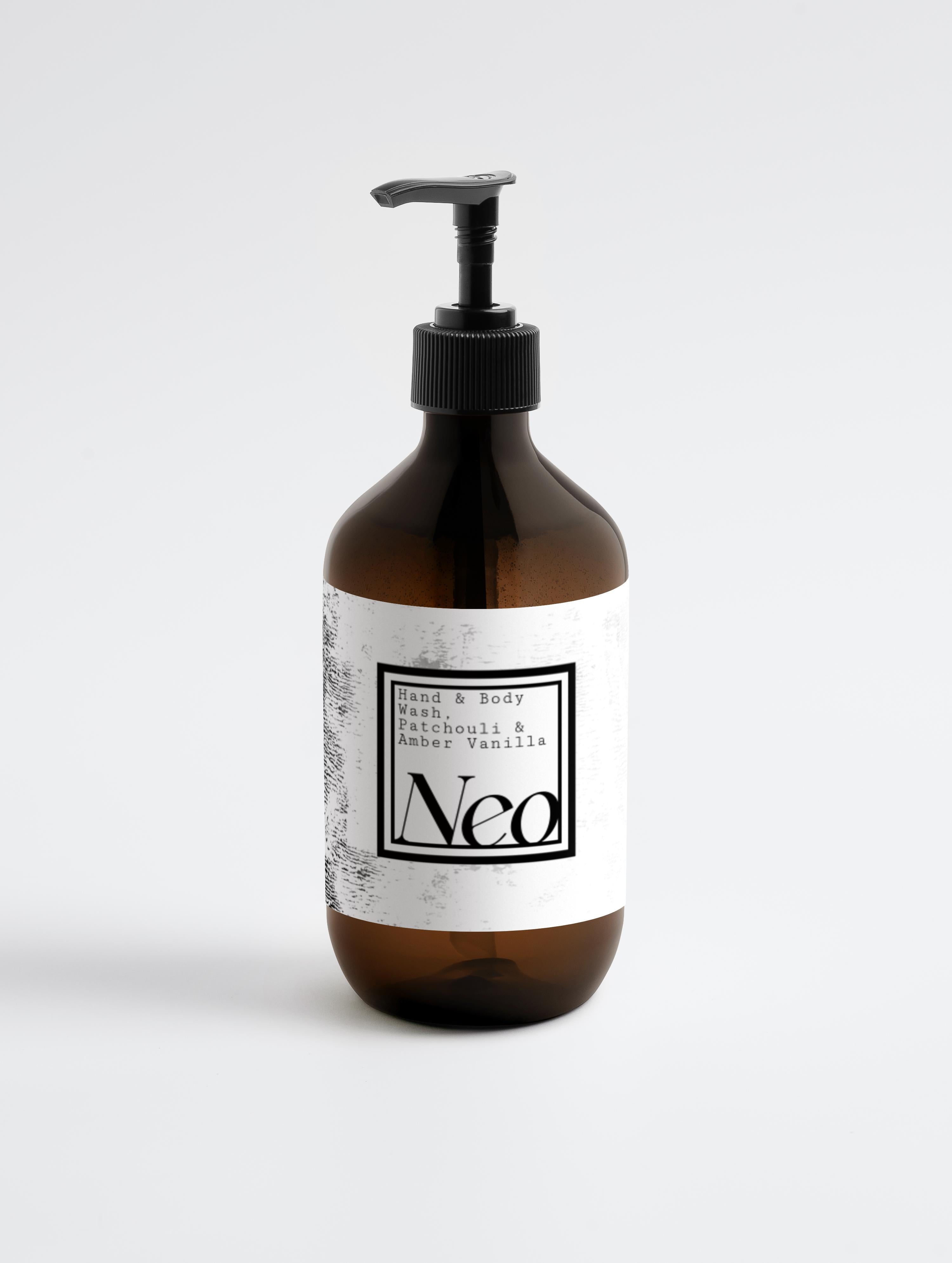 Brown bottle with pump and white label on a light gray background